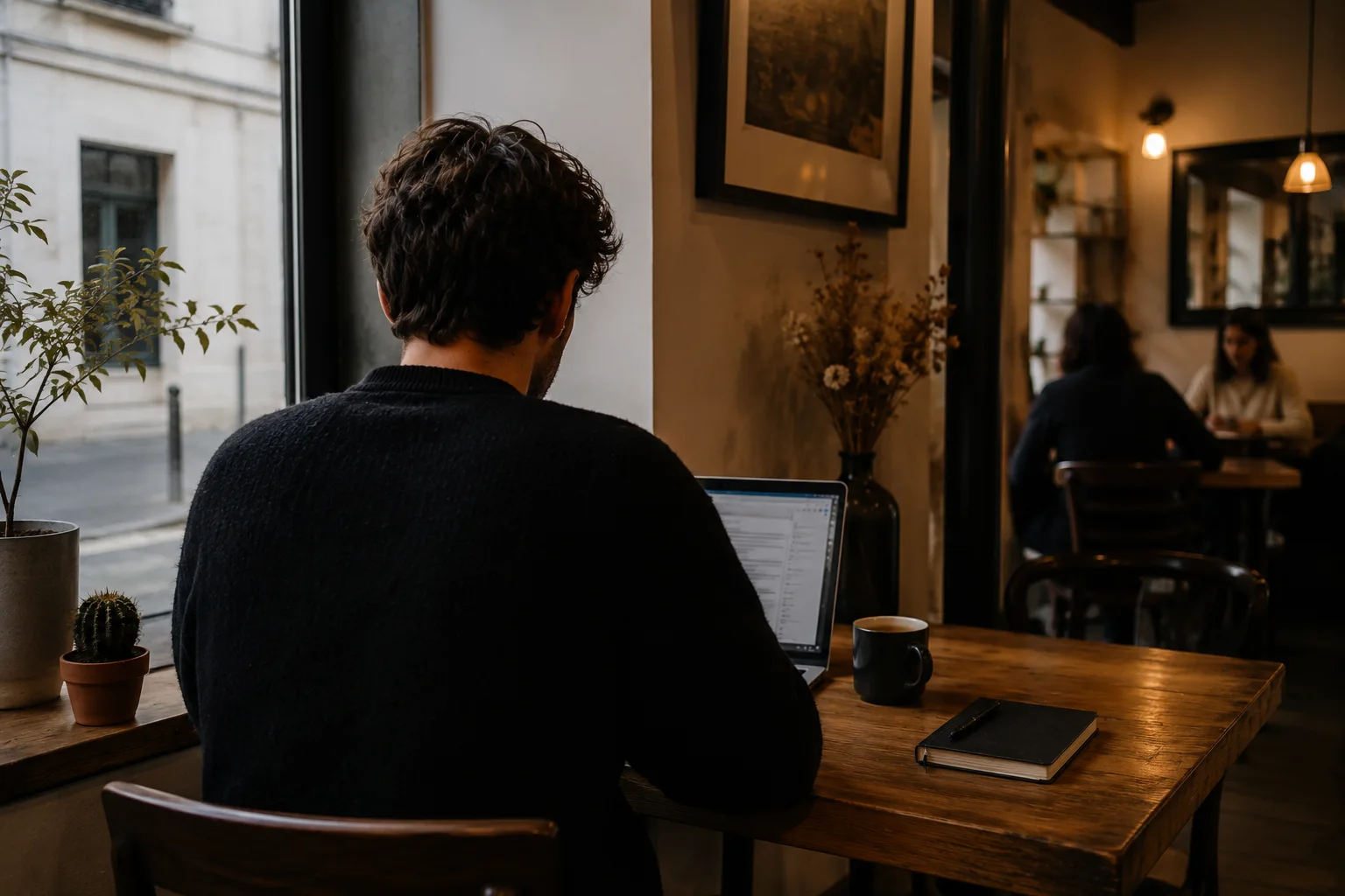 Télétravailleur travaillant sur son ordinateur dans un café à Angers