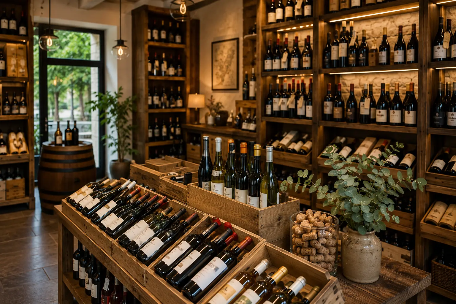 ntérieur d’un caviste avec bouteilles de vin sur des étagères en bois