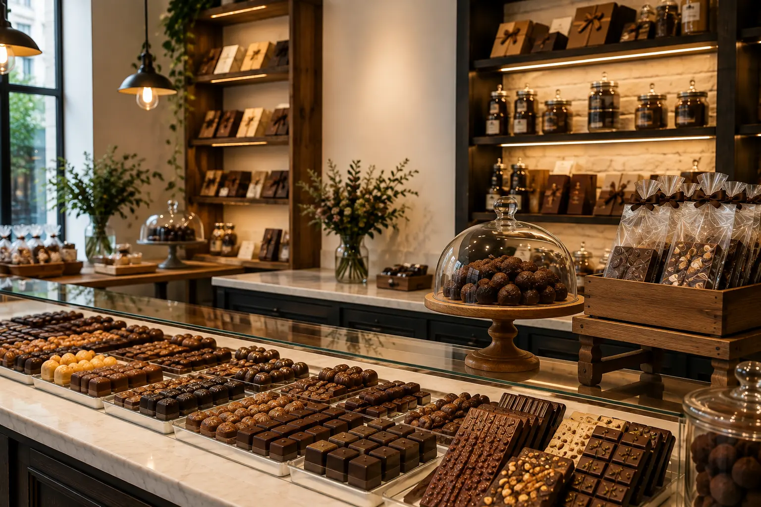 Intérieur chaleureux d’une chocolaterie artisanale avec vitrine de chocolats, pralines, truffes et tablettes.