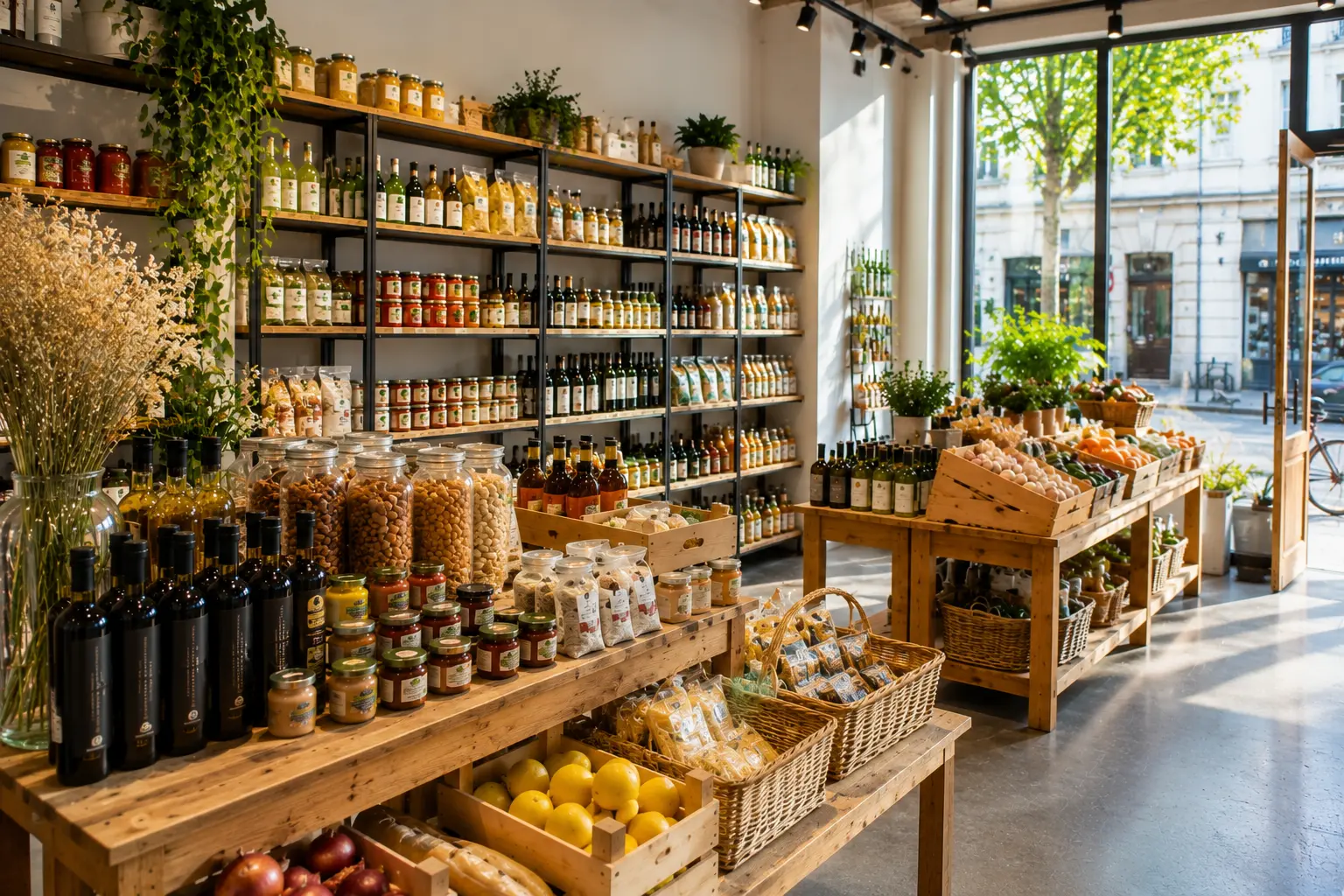 Intérieur d’une épicerie fine avec produits locaux et alimentaires