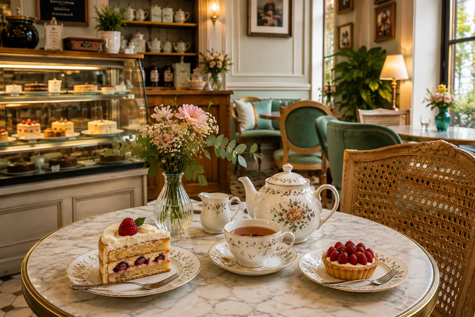 Intérieur chaleureux d’un salon de thé avec thé et pâtisseries